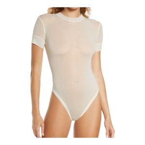 NT305 Skims Semi Sheer Mesh Short Sleeve Thong T-shirt Bodysuit BONE 2X